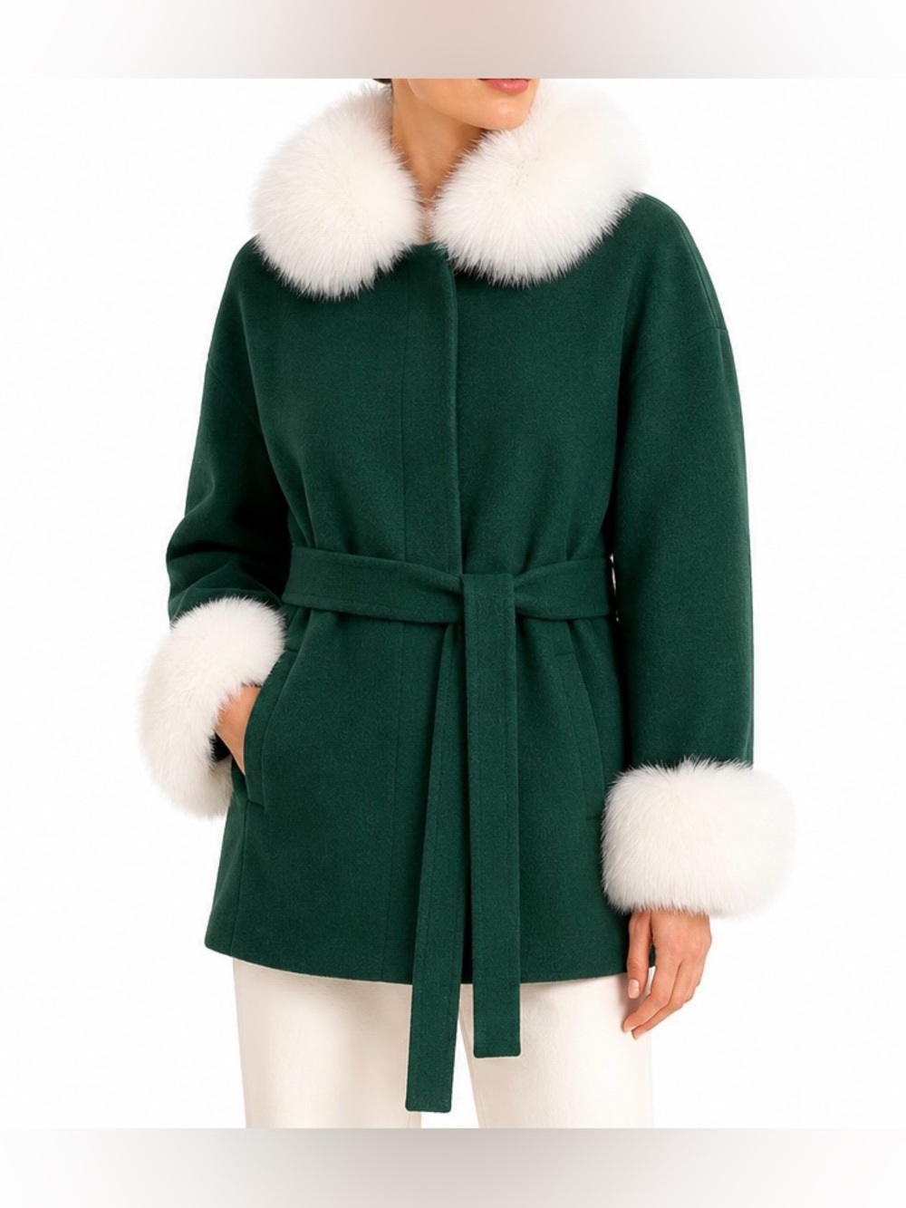 Russian Wool Coat Genuine White Fox Fur Belted Green Jacket